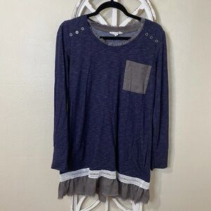 BD COLLECTION medium NAVY RUFFLE CROCHET TRIM LONG SLEEVE TUNIC WITH 3 POCKETS
